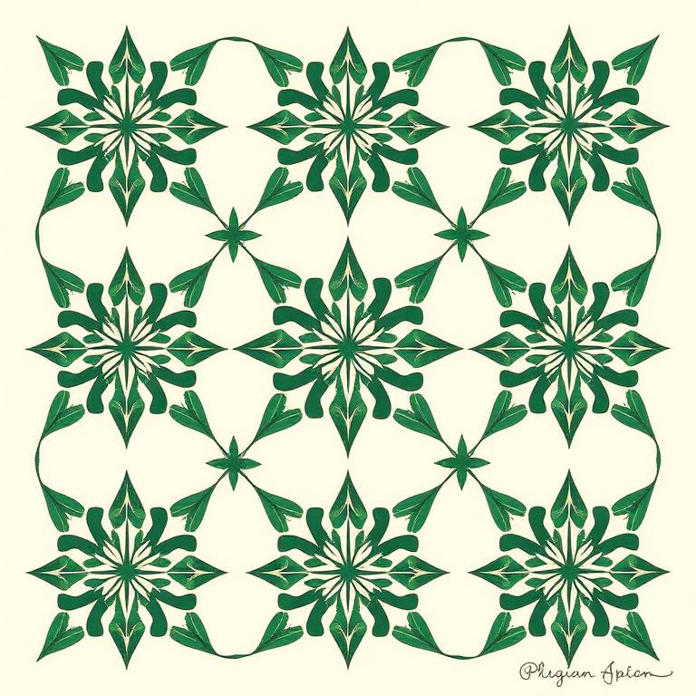 Geometric Islamic ornament in moss green ink on cream paper
